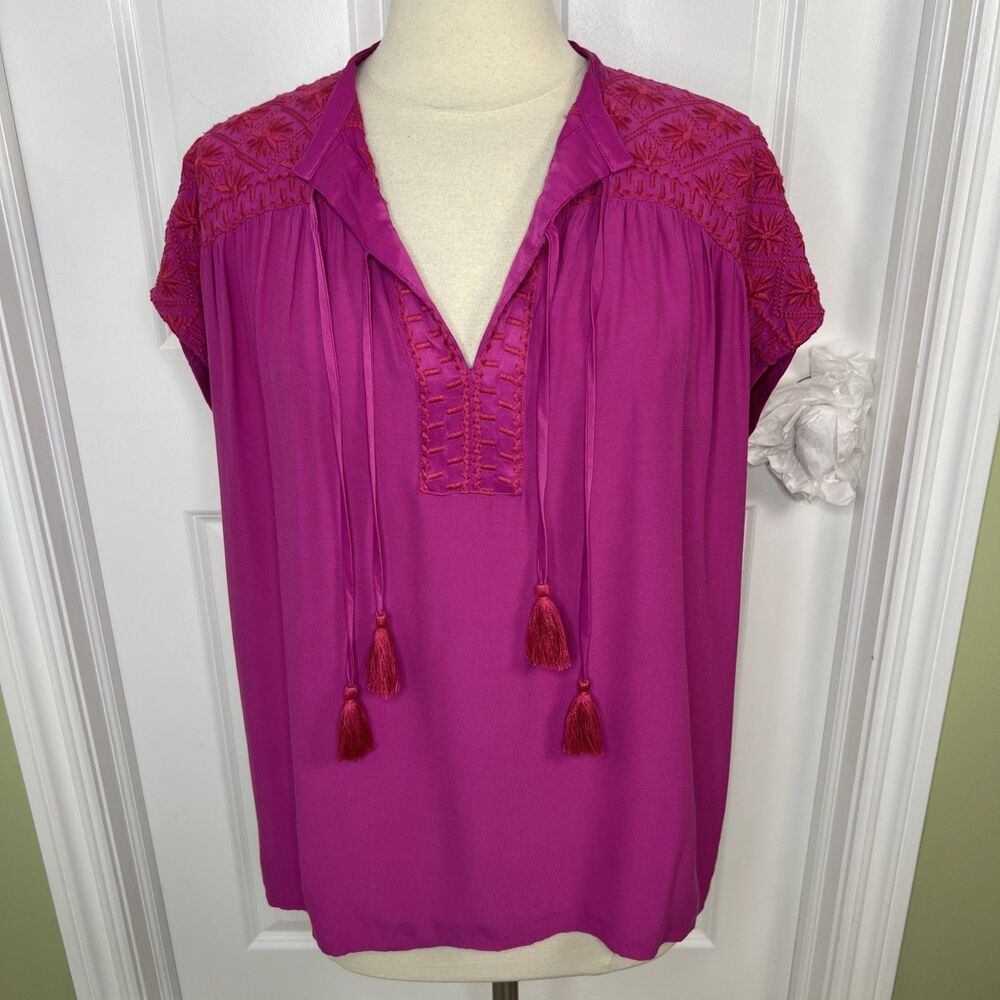 Johnny Was Calme Short Sleeve Fuchsia Tunic Peasant Blouse Double Tasseled Sz S